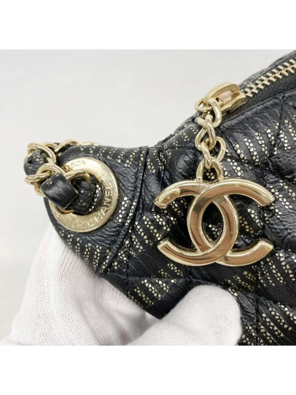 Chanel Waist Bag Quilted Leather Black Champagne Gold